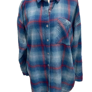 BP Flannel feel Shirt Blue Plaid, front open pocket, soft cotton/rayon, size med